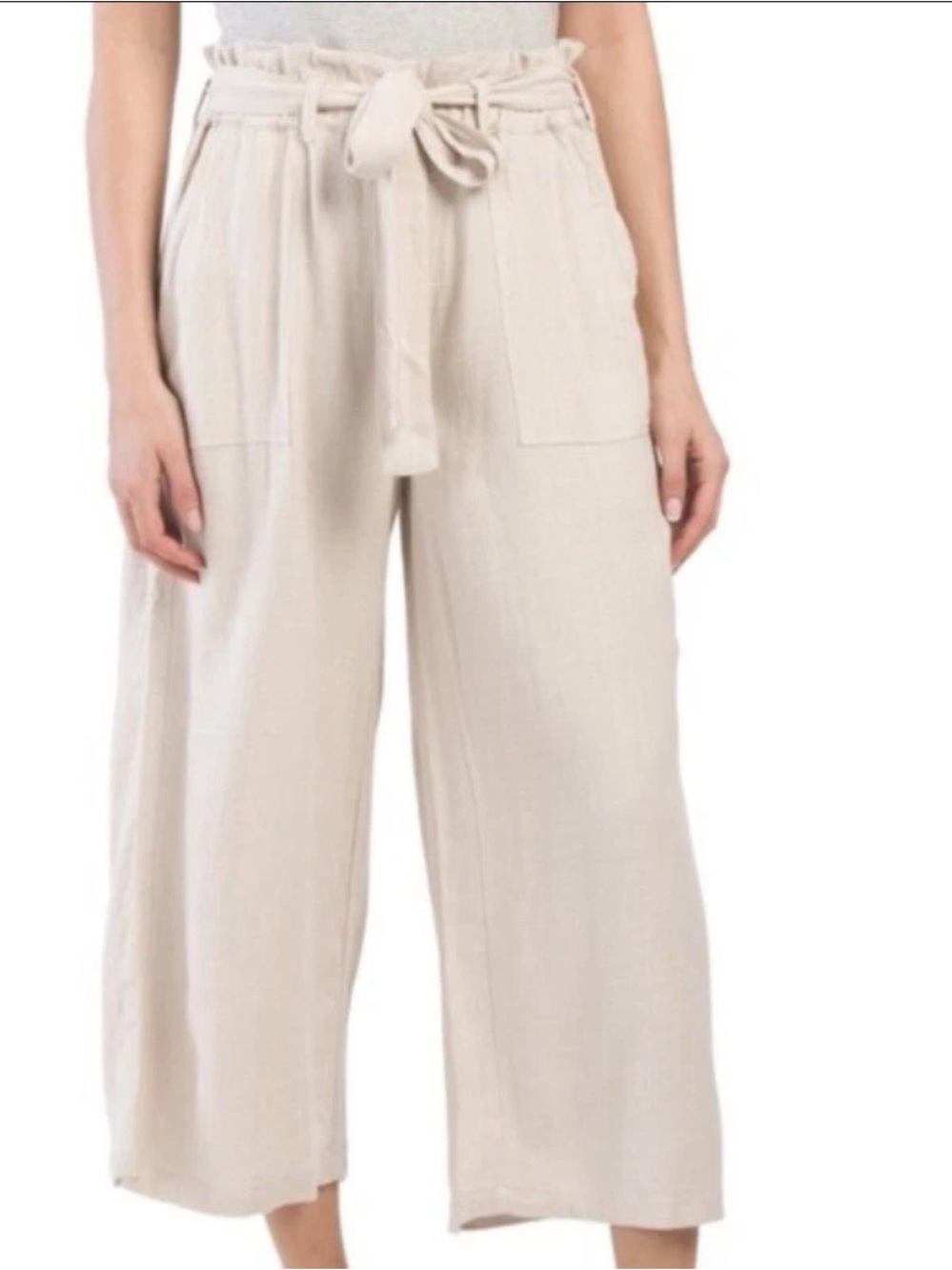 Blank NYC Linen Blend Wide Leg Tie Waist Cropped Paperbag Pants Beige medium